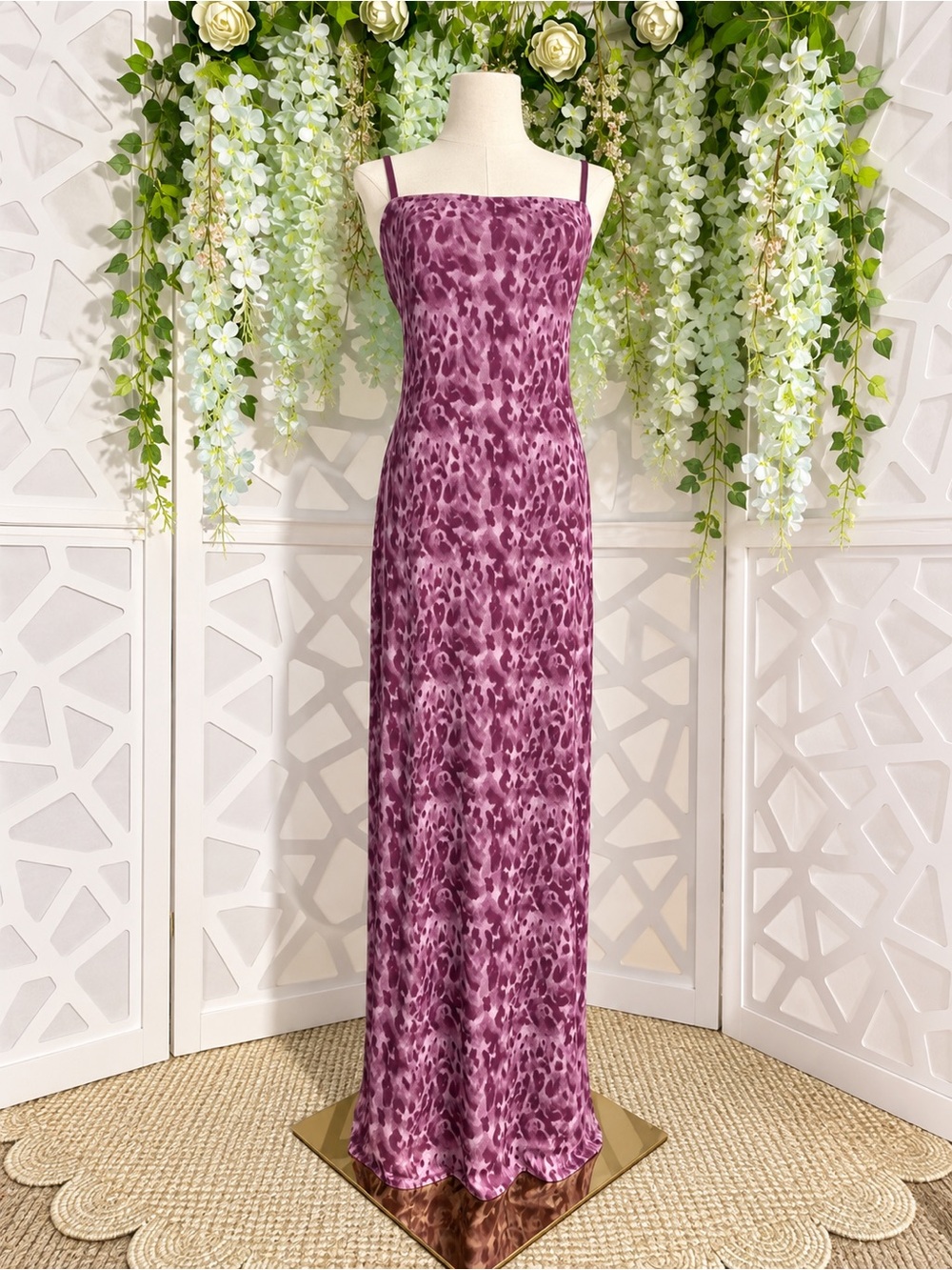 Mauve Animal-Print Spaghetti Strap Maxi Dress